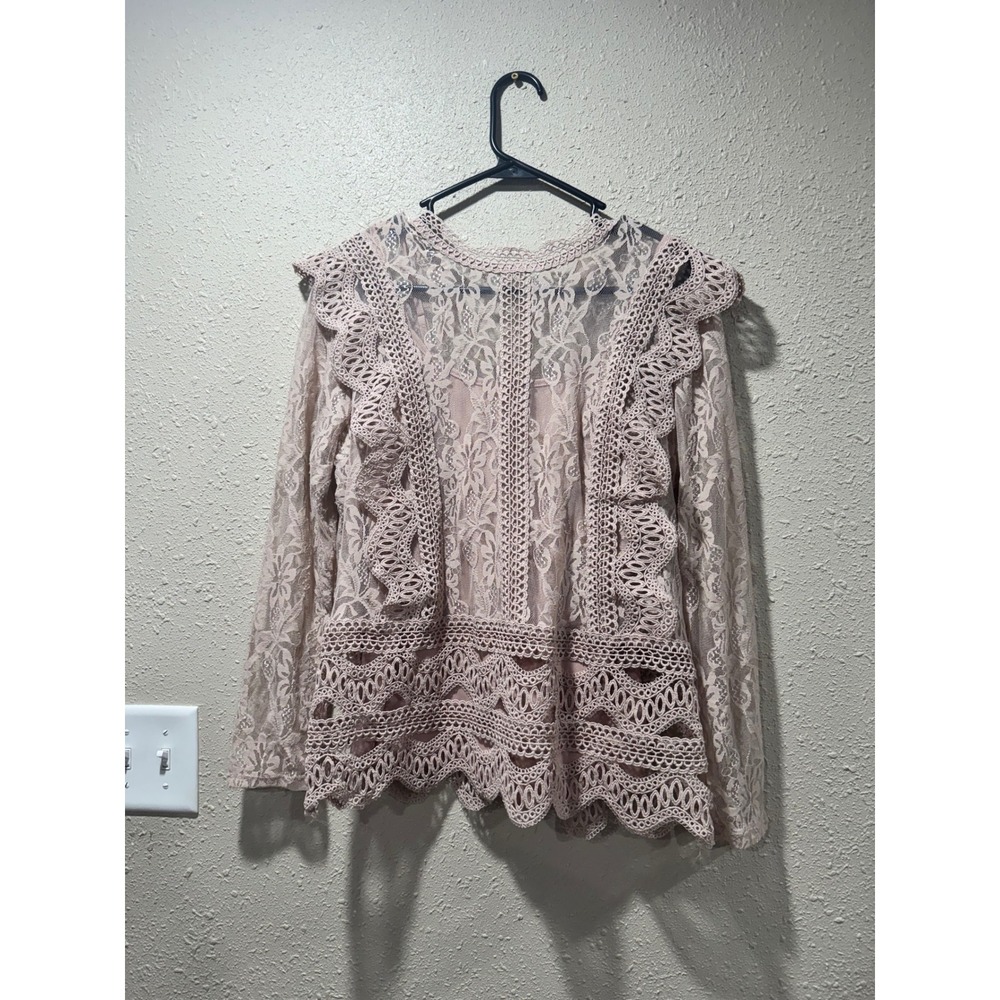 Adiva Womens Pink Floral Lace Crochet Ruffle Long Sleeve Blouse with Cami Small
